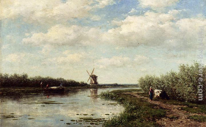 Figures On A Country Road Along A Waterway, A Windmill In The Distance painting - Willem Roelofs Figures On A Country Road Along A Waterway, A Windmill In The Distance art painting